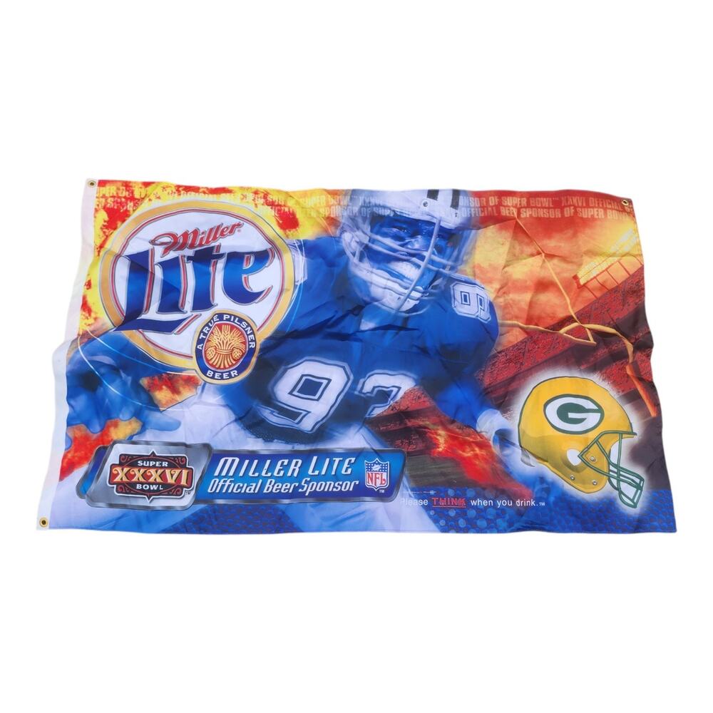 Vintage 2002 Super Bowl XXXVI Green Bay Packers Miller Lite Flag 57" x 35"